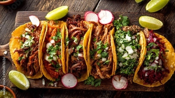 Fototapeta Overhead shot of traditional Mexican taco platter featuring carne asada al pastor and carnitas garnished with lime wedges fresh cilantro and sliced radish on a rustic wooden table