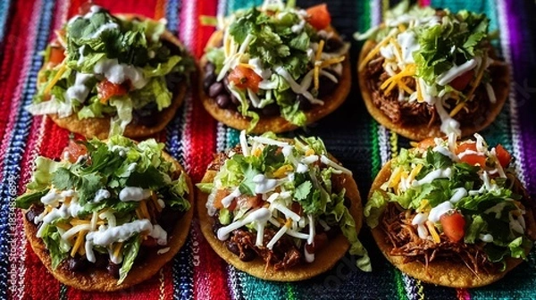Fototapeta Overhead shot of Mexican sopes topped beans shredded beef lettuce crema cheese and salsa roja on a festive striped cloth background