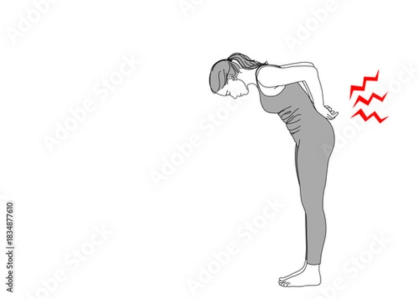 Obraz 腰痛 ぎっくり腰が痛くて屈んで押さえている女性のイラスト 全身横向き モノクロ