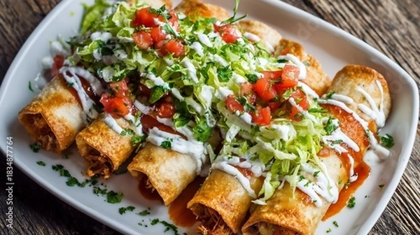 Fototapeta Overhead view of Mexican flautas served crispy golden filled with chicken and topped with lettuce crema and salsa verde