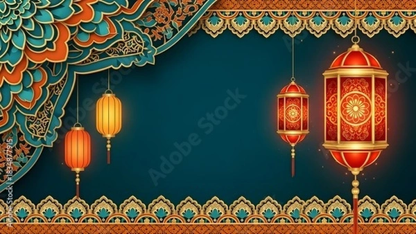 Obraz Elegant islamic lanterns with decorative border for festive occasions