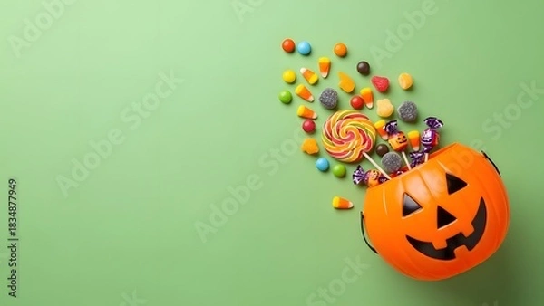 Obraz Halloween pumpkin bucket overflowing with candy on green background