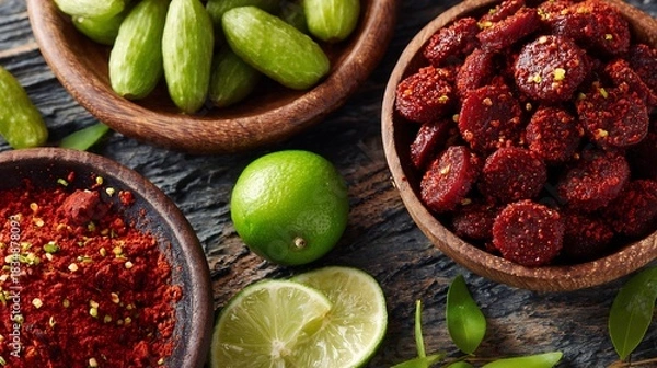 Fototapeta Overhead view of Mexican tamarindo chamoy candies chili powder coating arranged in bowls with fresh tamarind pods and lime slices