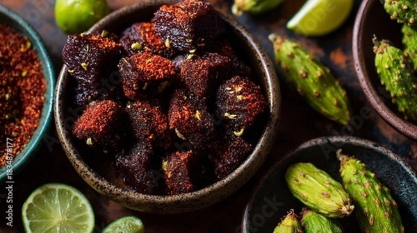 Fototapeta Overhead view of Mexican tamarindo chamoy candies chili powder coating arranged in bowls with fresh tamarind pods and lime slices