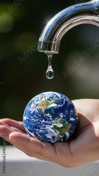 Obraz Water Drop Falling on Earth in Hand - Saving Water Concept