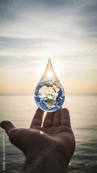 Obraz Water Drop Shaped Earth Held in Hand Against Sunset