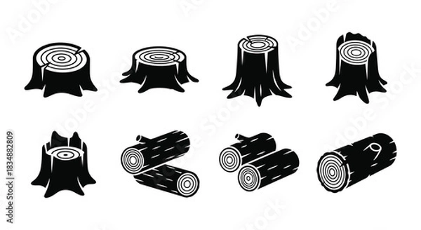 Obraz Black and white illustration of tree stumps logs and cross sections