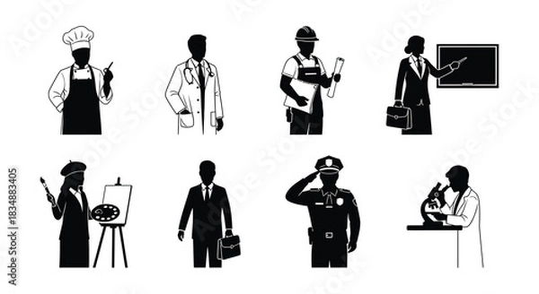 Obraz Diverse silhouettes representing various professions and career paths for illustrations