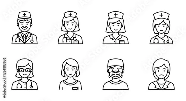Obraz Diverse healthcare professionals depicted as simple black and white line art icons