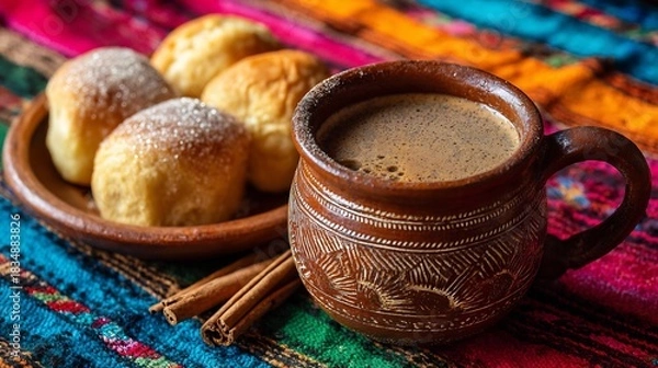 Fototapeta Traditional Mexican caf de olla a clay mug with cinnamon sticks and piloncillo sugar served alongside pan dulce on a colorful cloth