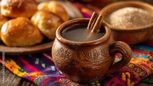 Fototapeta Traditional Mexican caf de olla a clay mug with cinnamon sticks and piloncillo sugar served alongside pan dulce on a colorful cloth