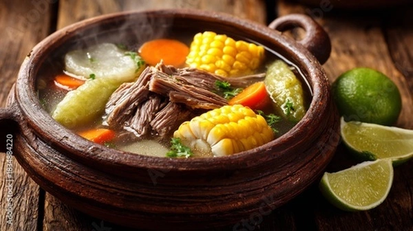 Fototapeta Traditional Mexican caldo de res beef soup corn on the cob chayote carrots and cabbage served in a steaming clay bowl with lime wedges