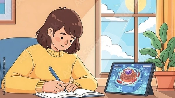 Fototapeta Focused student learning biology with tablet and textbook in sunny room, study session, education concept, science learning, online course