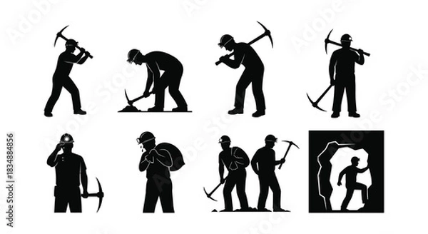 Obraz Silhouettes of miners working with various tools in a dark setting