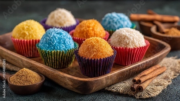 Fototapeta Traditional Mexican cocadas coconut sweets arranged colorful paper cups on a wooden tray with cinnamon sticks and sugar