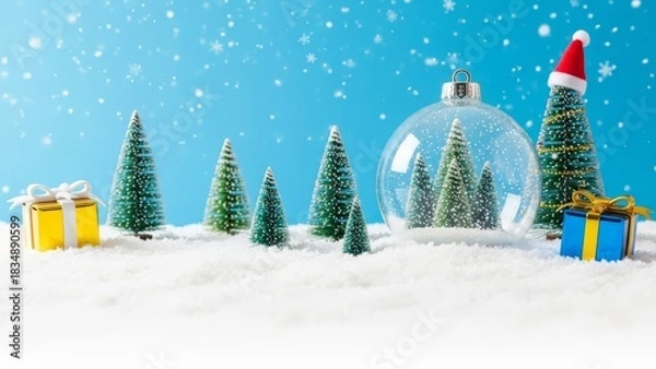 Fototapeta Festive winter scene with miniature trees gifts and snow globe against a blue background with snow