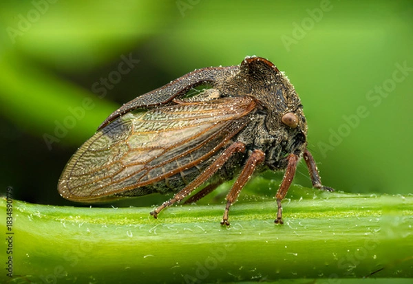 Obraz Close-up of a cicada on a green stem, showcasing its wings and body texture
