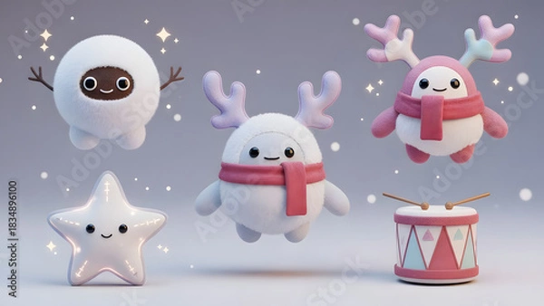 Fototapeta Cute Christmas Characters: Snowman, Reindeer, Star, and Drum Set on Light Background