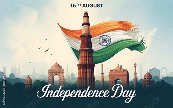 Obraz Illustration celebrating indias independence day with qutub minar
