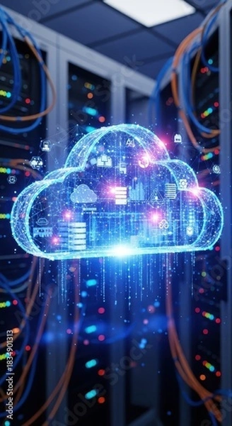 Obraz Cloud technology network visualization in server room environment for data storage