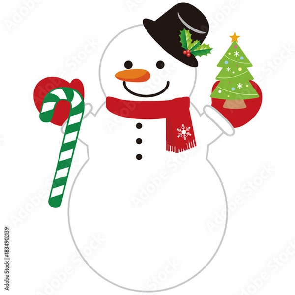 Obraz Cute Snowman Character with Christmas Tree and Candy Cane Illustration