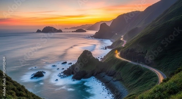Obraz Coastal highway weaving through mountains at sunset offering scenic beauty and adventure
