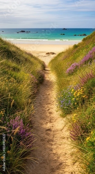 Obraz Coastal pathway amidst dunes showcasing vibrant wildflowers leading to tranquil ocean waters
