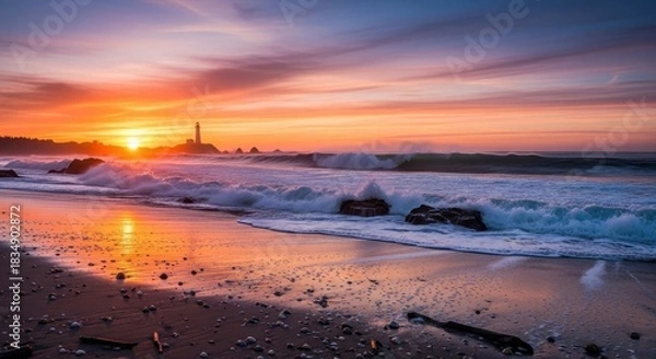 Obraz Coastal radiance: a scenic beach vista illuminated by the vibrant hues of sunset