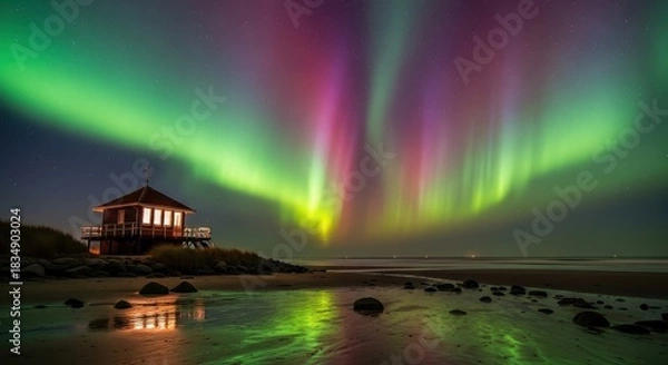 Obraz Coastal refuge under the captivating aurora borealis light show mirroring in the ocean waters