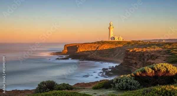 Obraz Coastal Sentinel: A Majestic Lighthouse Standing Guard at Sunrise with Ocean Waves