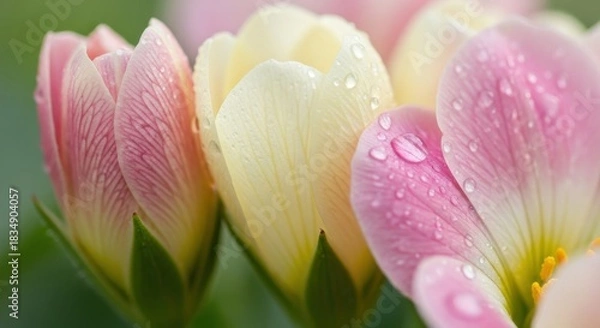 Obraz Close-up of Pink and Cream Tulips with Water Droplets Displaying Natural Elegance
