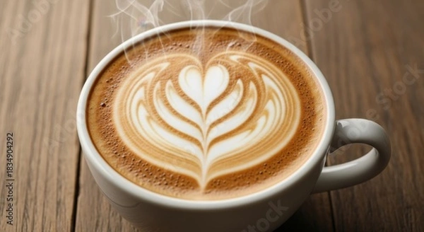 Obraz Close-up of Steaming Coffee Art on Wooden Table for Morning Relaxation Aesthetic