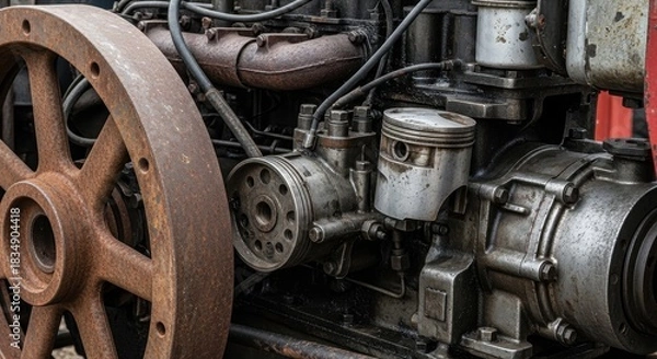 Obraz Close-up of vintage tractor engine showcasing intricate mechanical details and weathered textures