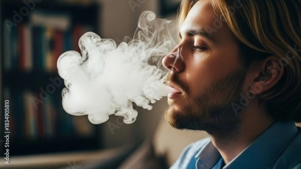 Fototapeta Man exhaling a large cloud of white smoke with a bookshelf visible in the blurred background view