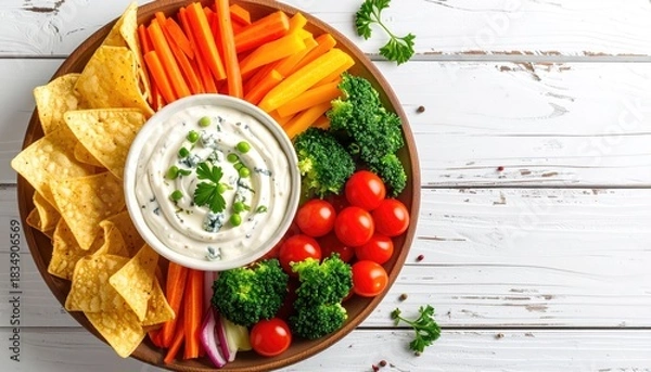 Obraz Veggie platter with dip on wood table