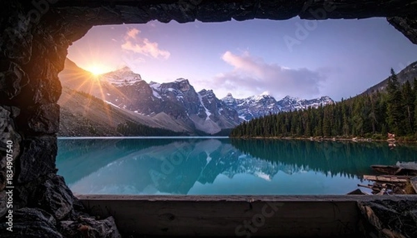 Obraz Mountain lake view through stone frame
