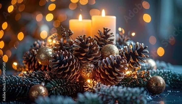 Obraz Holiday decor with candles and cones