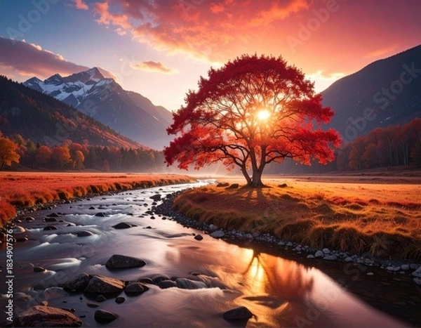 Obraz Vibrant autumn tree by river scene