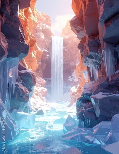 Obraz Low poly waterfall between icy cliffs