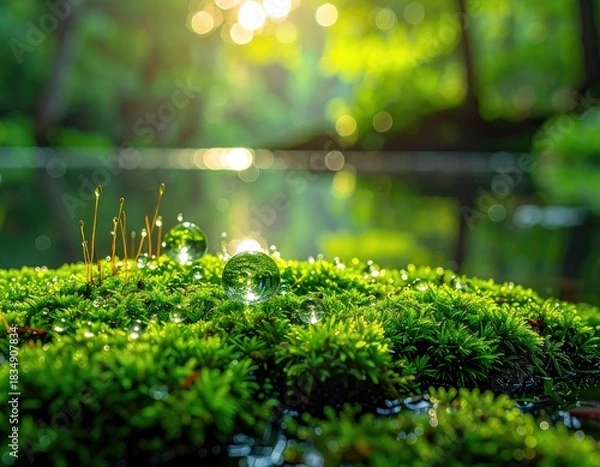 Obraz Dewy moss patch in a sunlit forest
