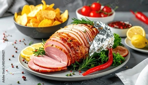 Obraz Sliced ham platter with sides