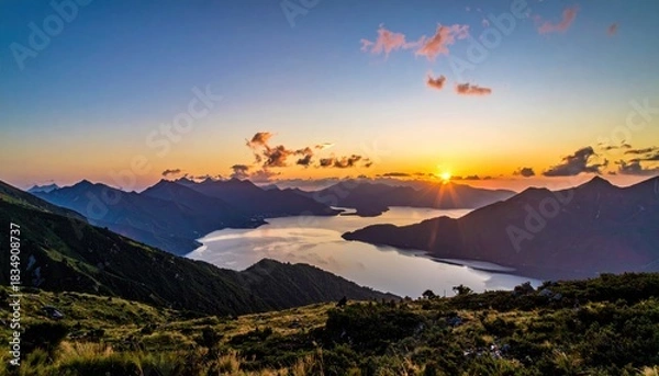 Obraz Mountains face sunlit lake at dusk