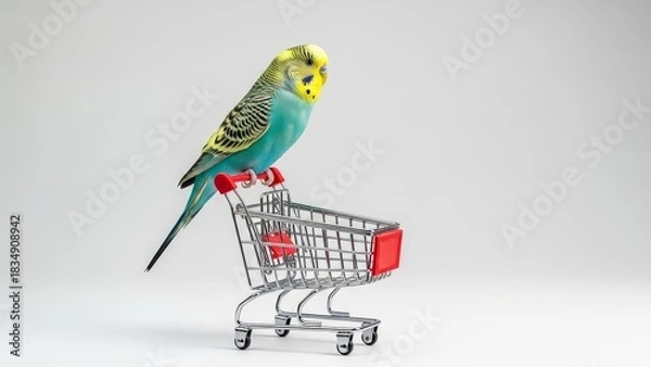 Fototapeta A bright parakeet perched atop a miniature shopping cart against a plain white studio background shot