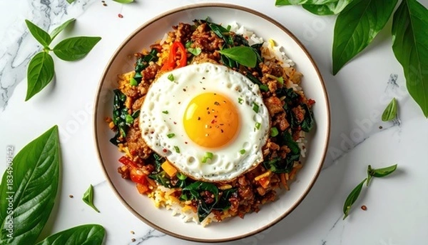 Obraz Rice bowl with egg, meat, and greens