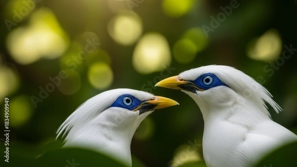 Fototapeta Close up of two bali myna birds with white plumage and blue eye patches in a natural setting outdoors