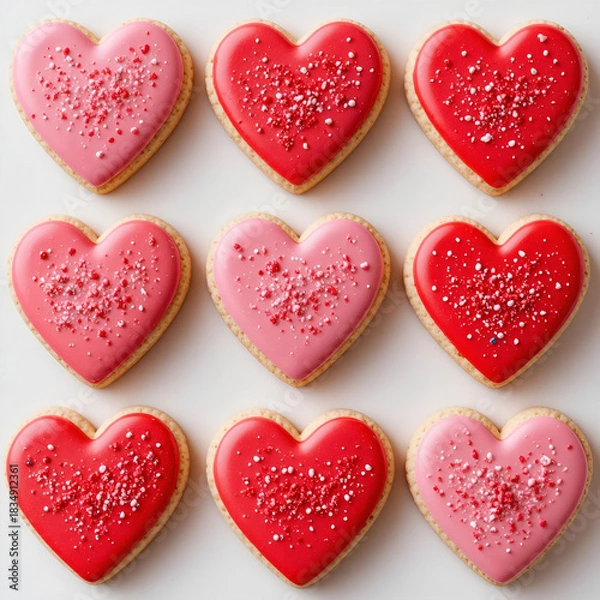 Obraz Freshly baked heart-shaped cookies decorated with red and pink icing.