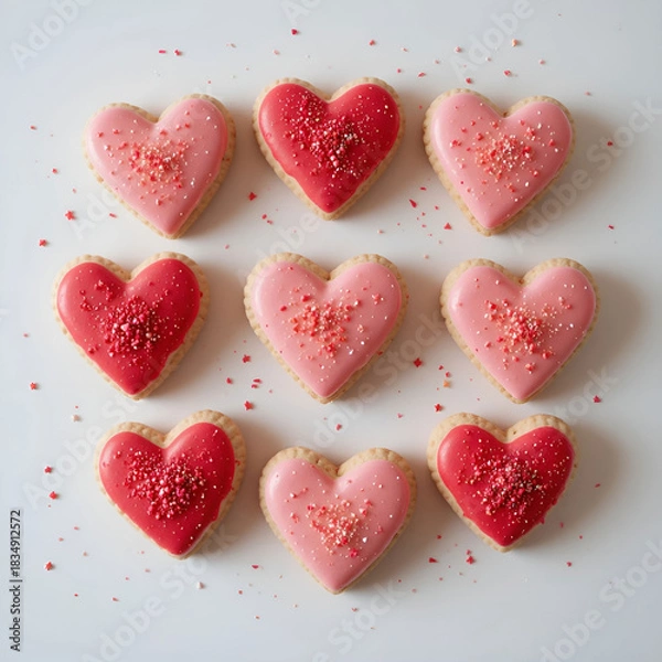 Obraz Freshly baked heart-shaped cookies decorated with red and pink icing.