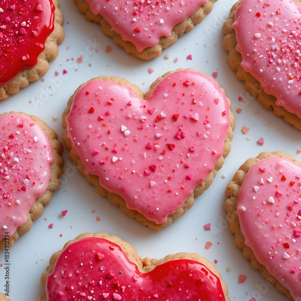 Obraz Freshly baked heart-shaped cookies decorated with red and pink icing.