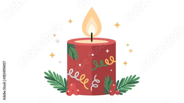 Fototapeta Red holiday candle with christmas decorations and pine branches vector