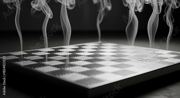 Fototapeta Smoke rises from a modern checkerboard on a dark background.